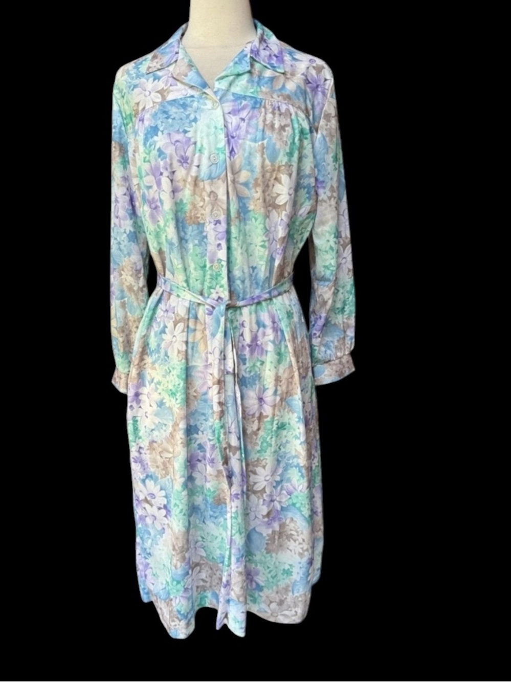 Deadstock 1970s A Nancy Frock Floral, Poly‎ Dress w/Matching Belt & Right Hip Po